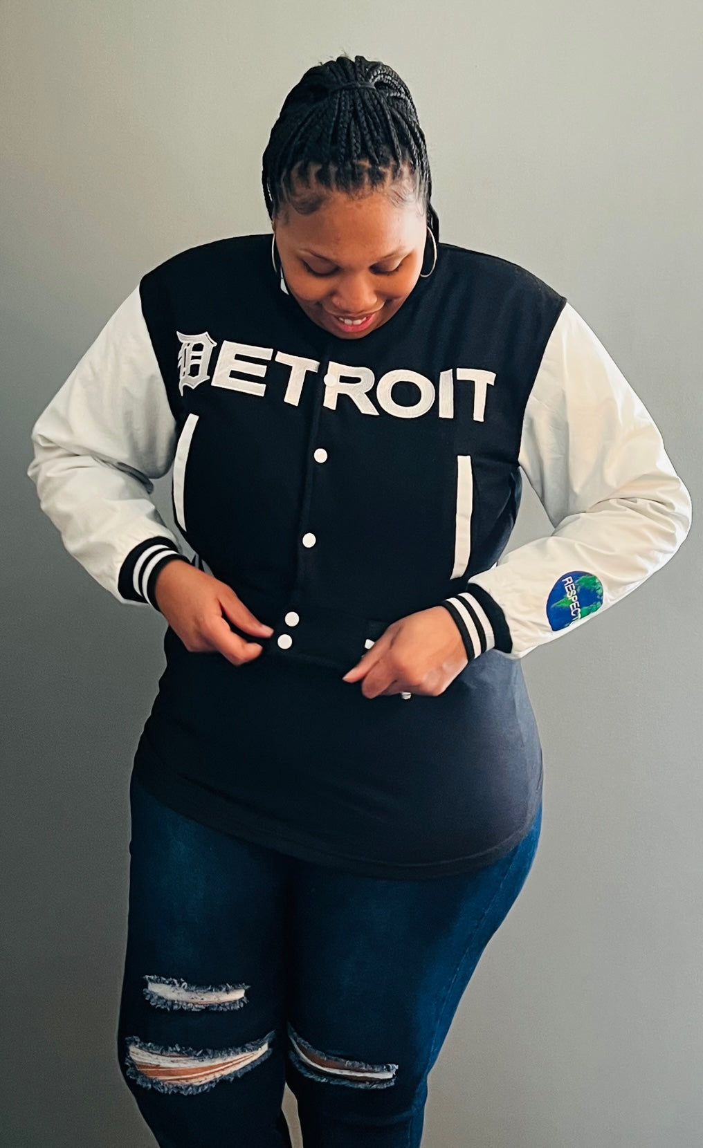 Detroit Mitten Crop Varsity Jacket Black w/ White Leather Sleeves