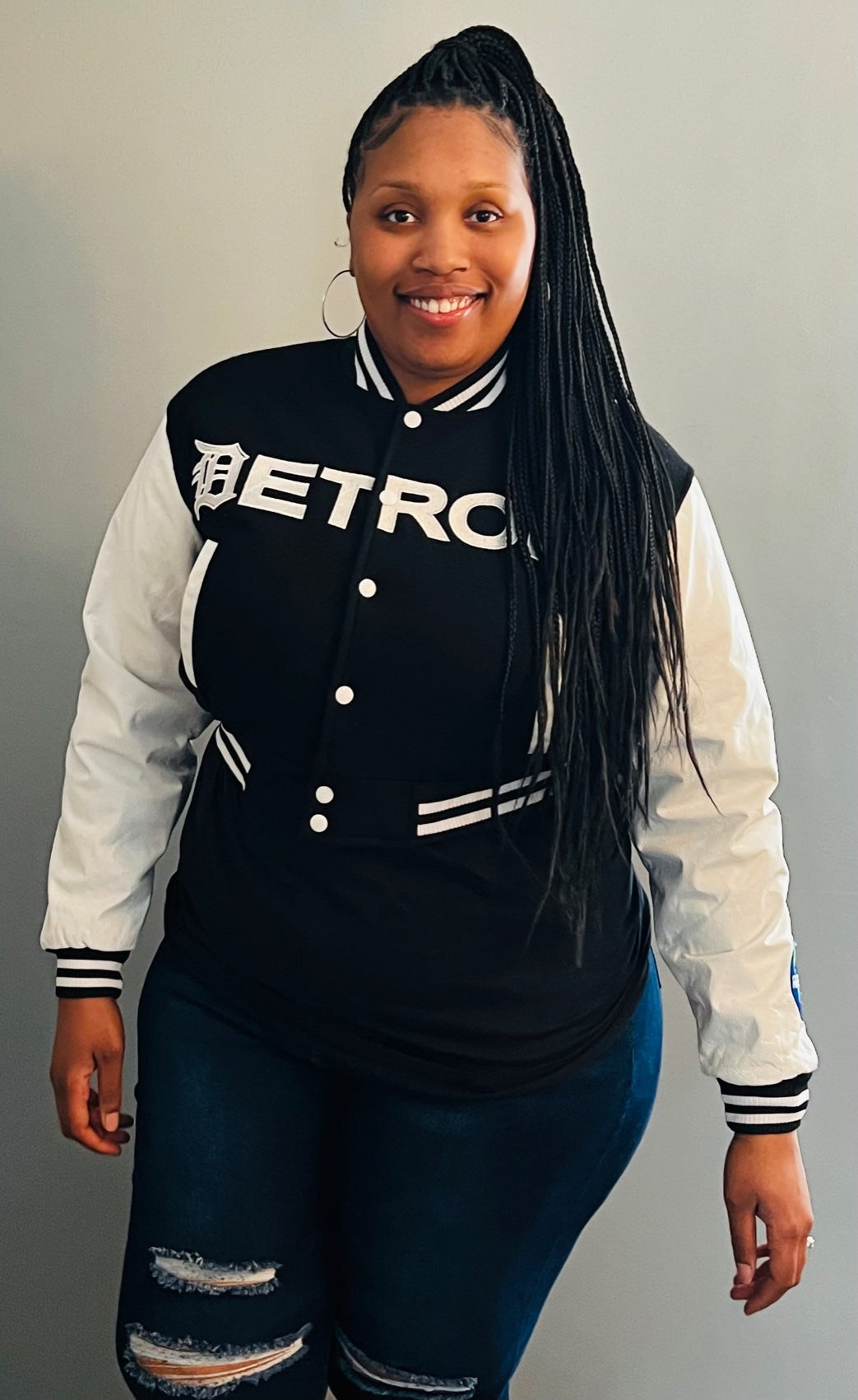 Detroit Mitten Crop Varsity Jacket Black w/ White Leather Sleeves