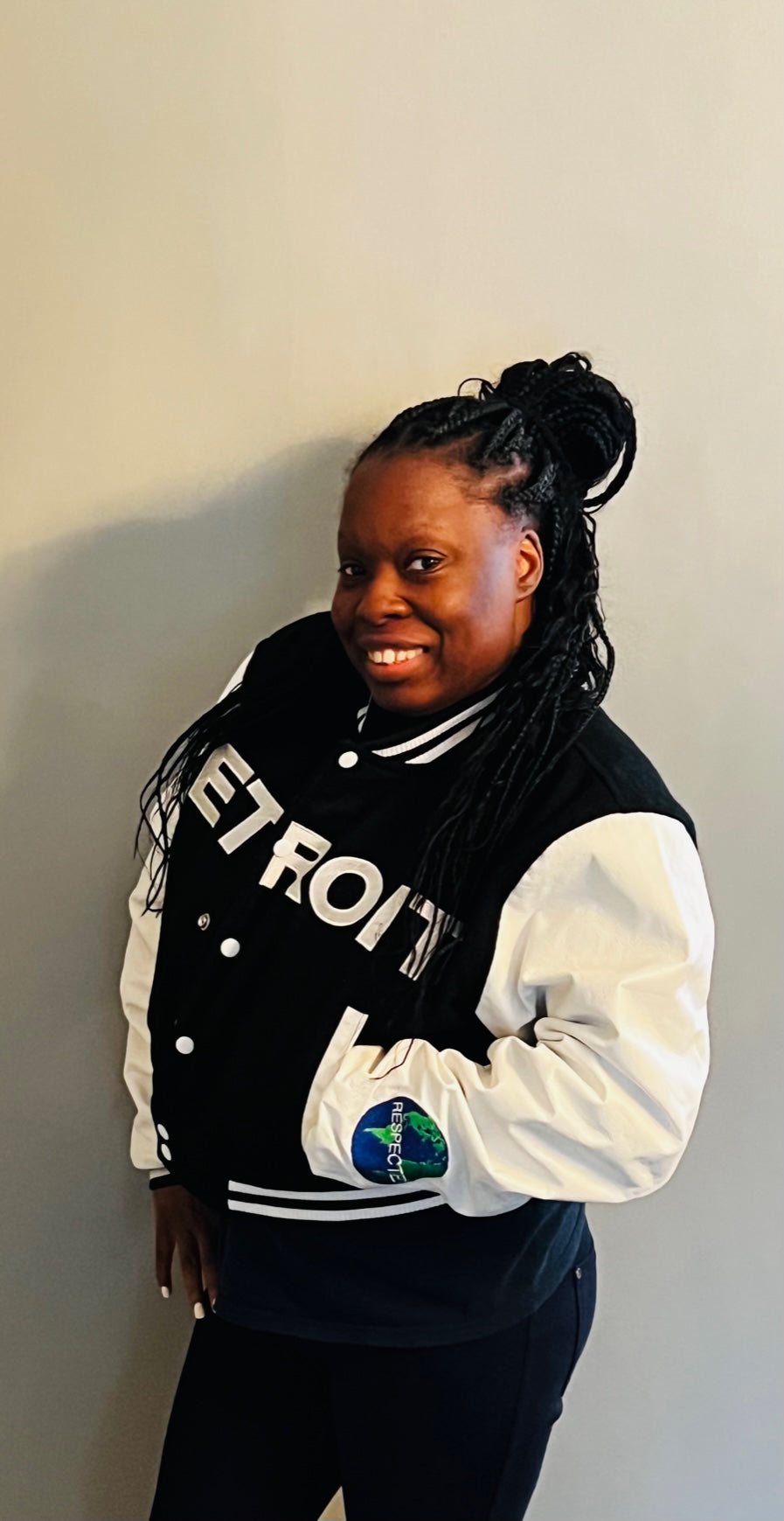 Detroit Mitten Crop Varsity Jacket Black w/ White Leather Sleeves