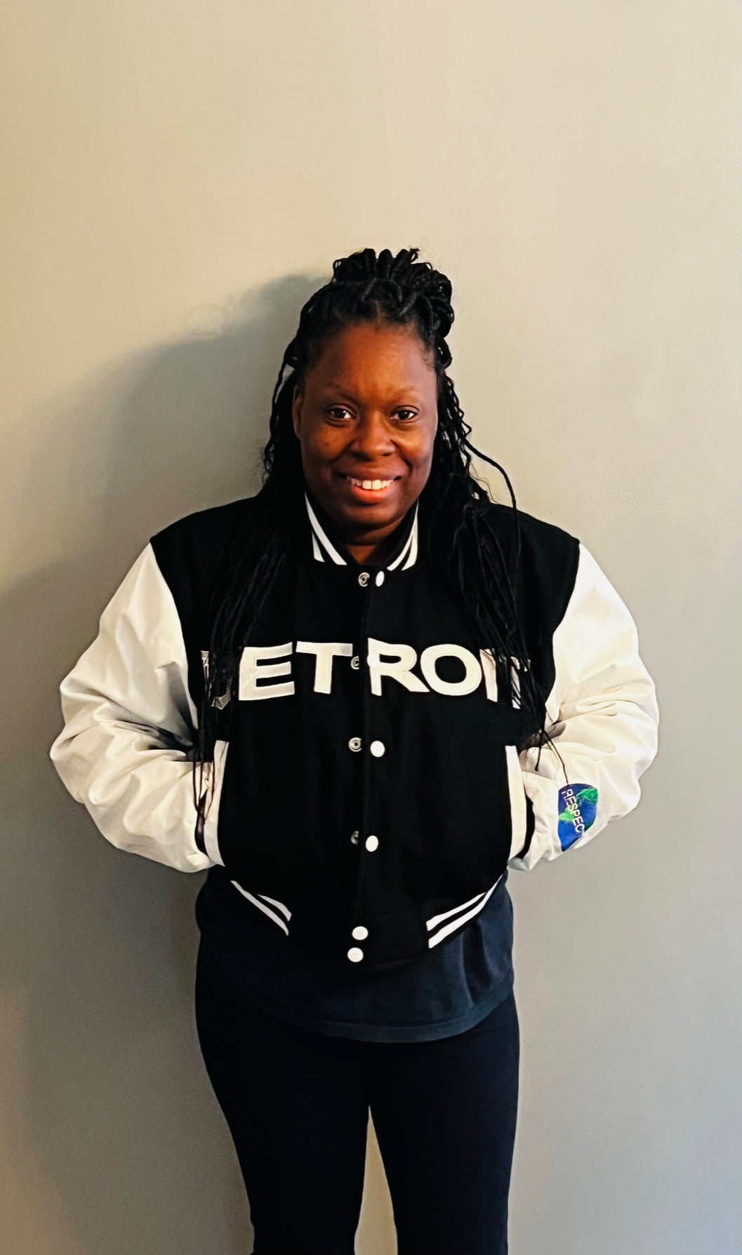 Detroit Mitten Crop Varsity Jacket Black w/ White Leather Sleeves