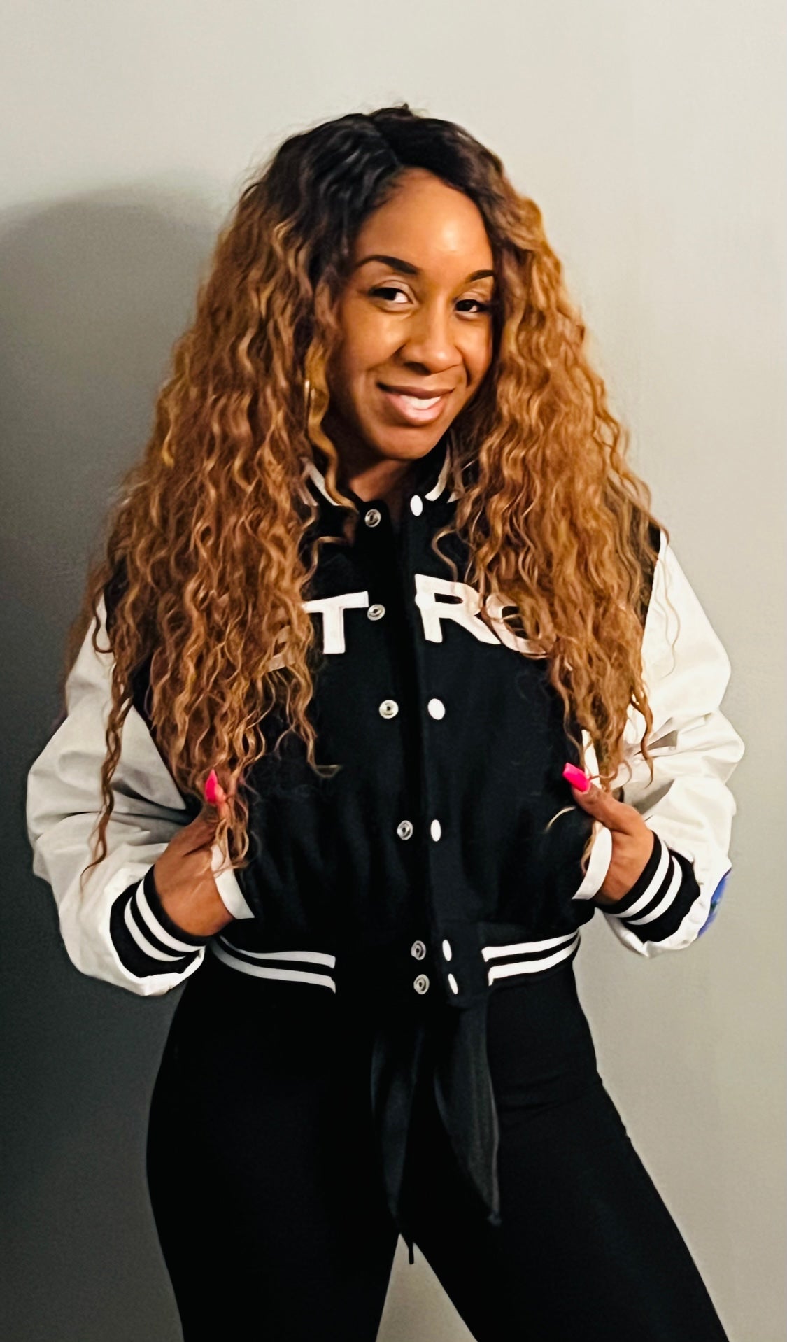 Detroit Mitten Crop Varsity Jacket Black w/ White Leather Sleeves
