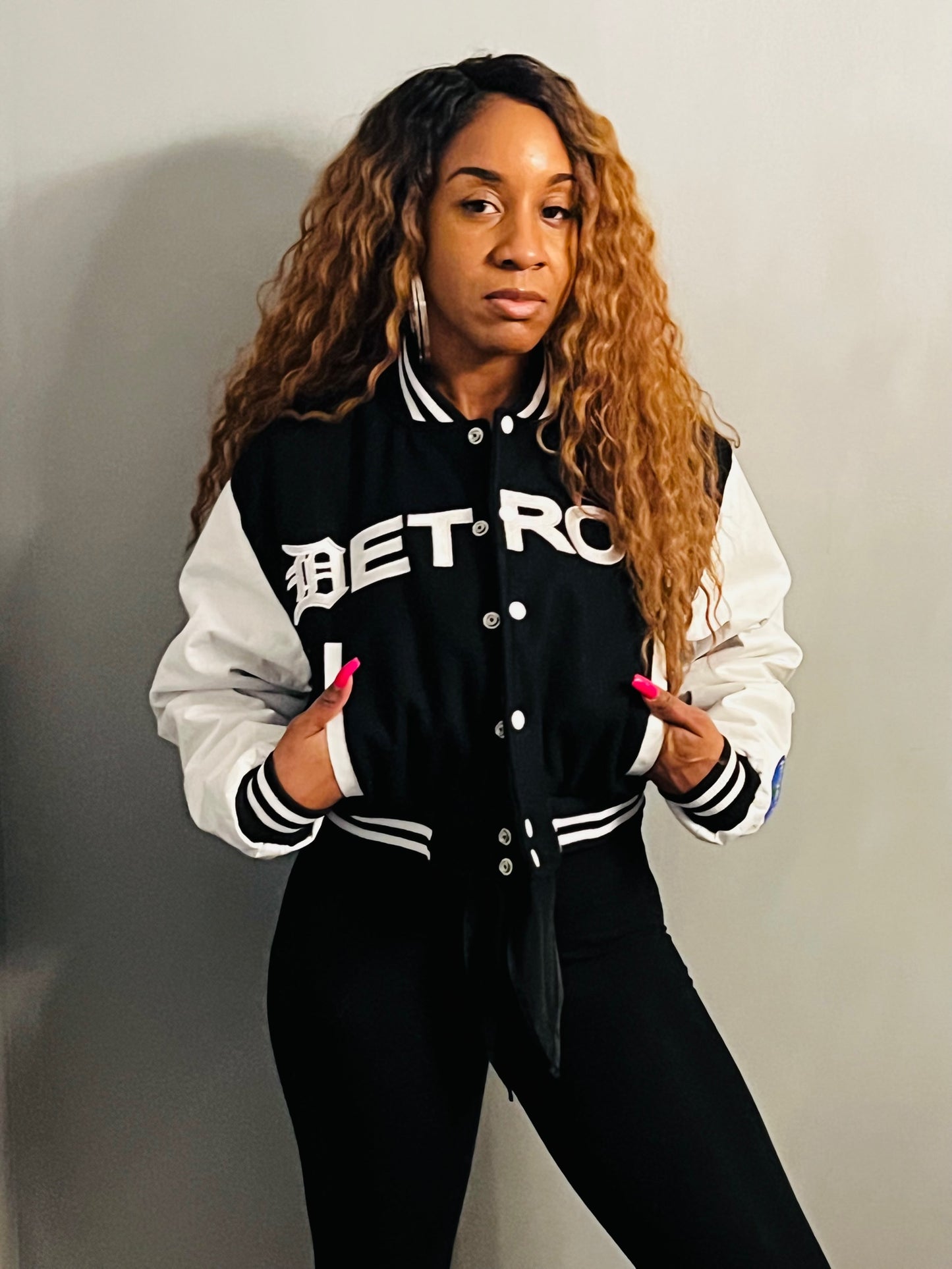 Detroit Mitten Crop Varsity Jacket Black w/ White Leather Sleeves