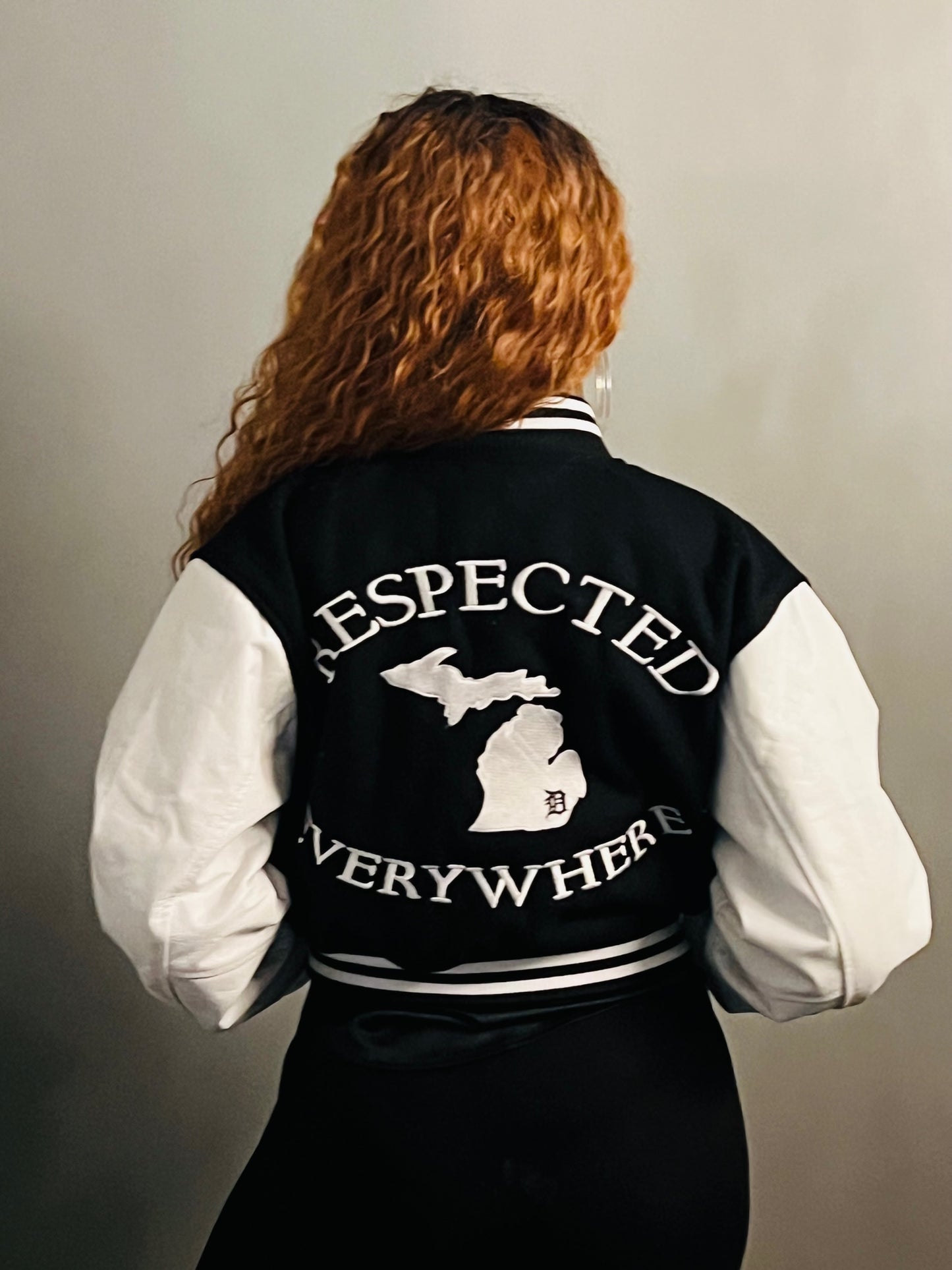 Detroit Mitten Crop Varsity Jacket Black w/ White Leather Sleeves