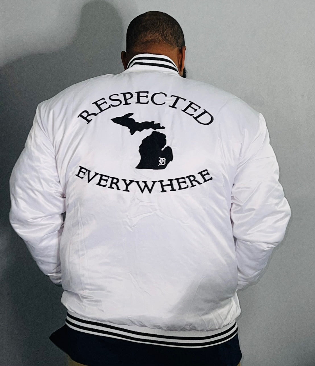 White Mitten Satin jacket w/ Black Letters