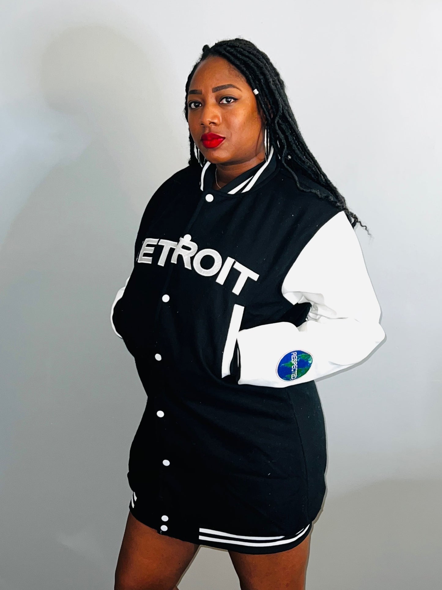 Detroit Varsity Jacket Dress Black w/ White Leather Sleeves