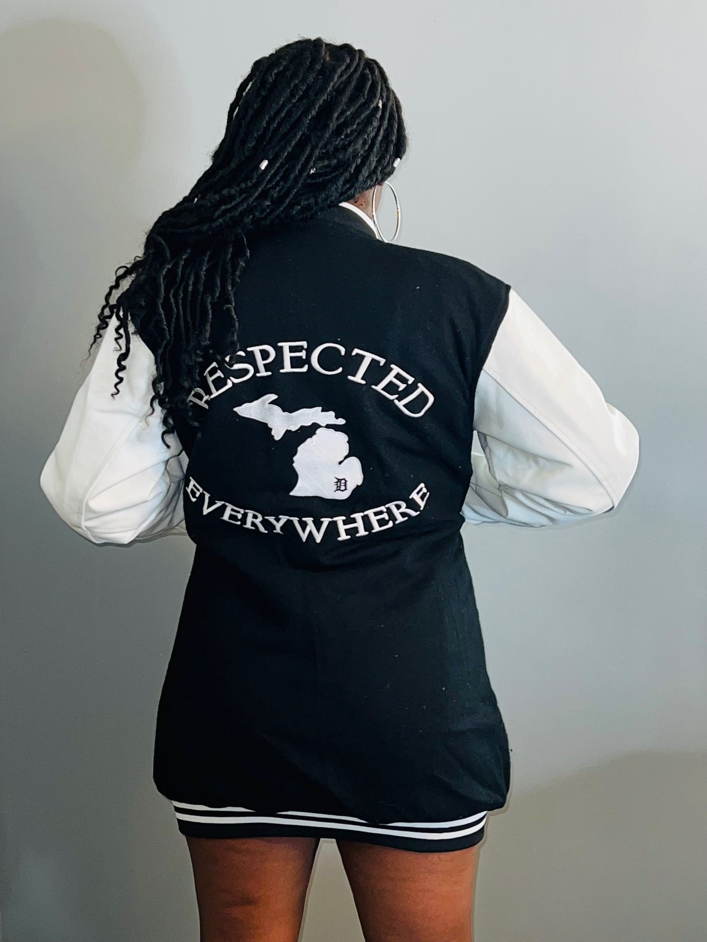 Detroit Varsity Jacket Dress Black w/ White Leather Sleeves