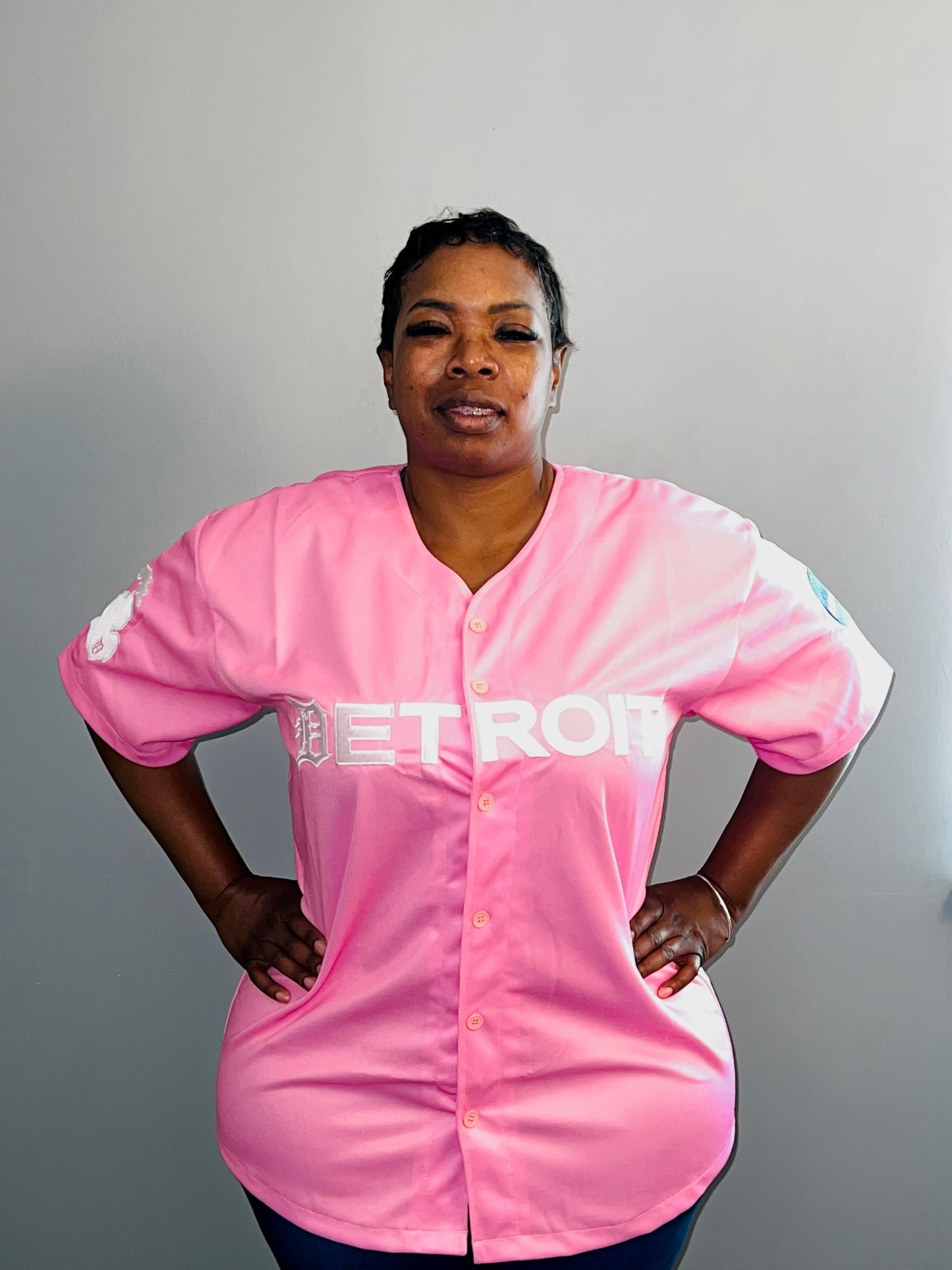 Pink Blue Baseball Jersey w/ white Letters