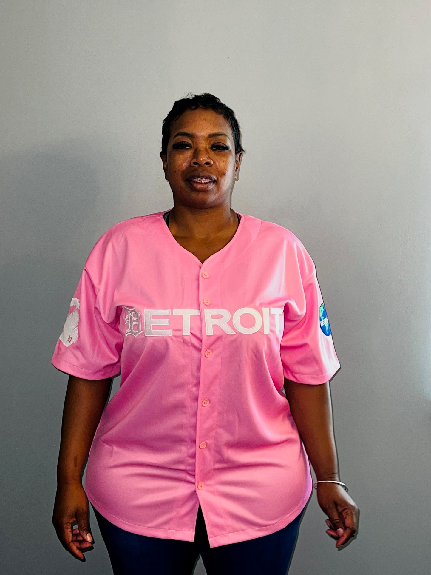 Pink Blue Baseball Jersey w/ white Letters