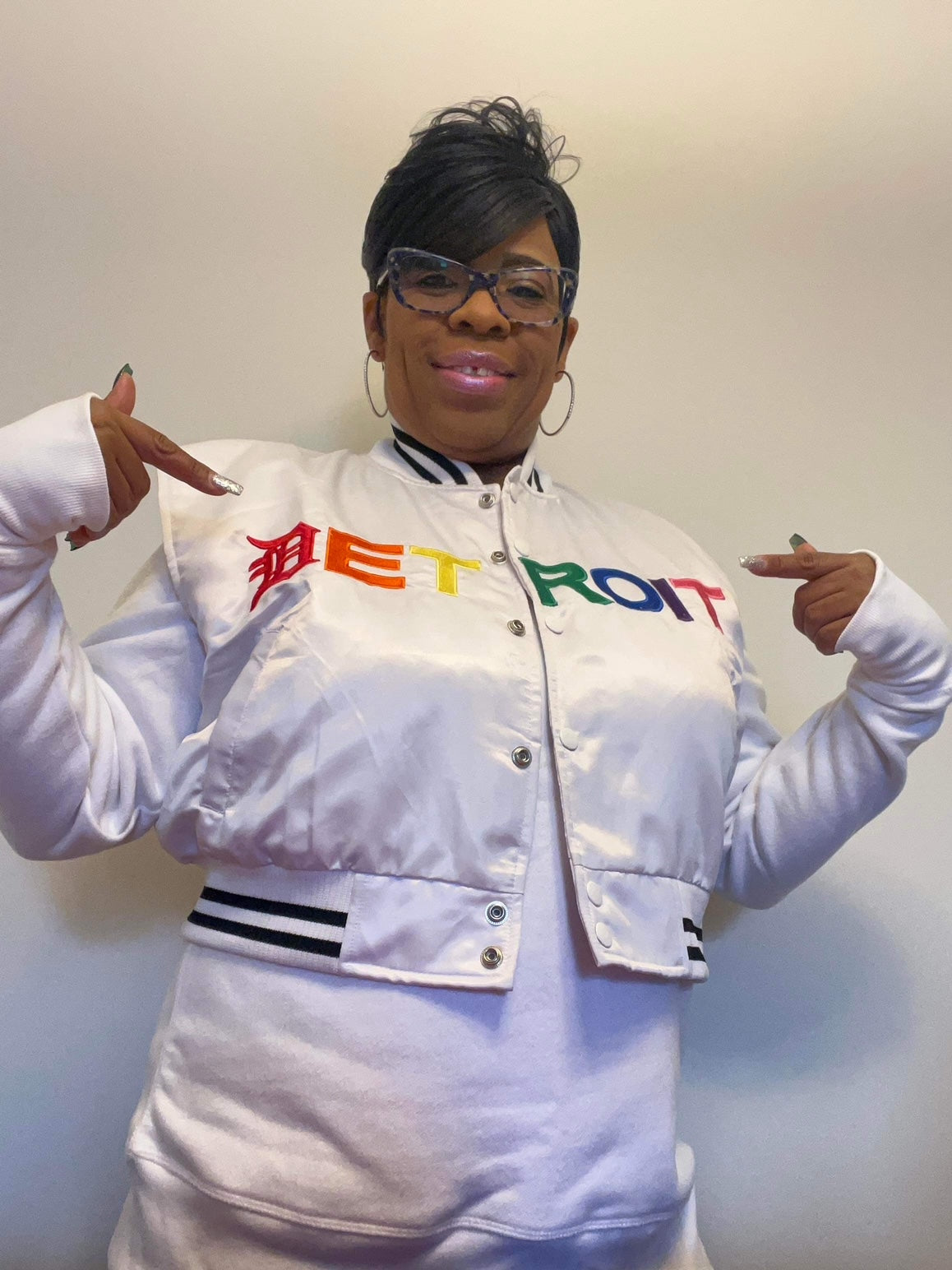 Detroit Mitten Crop Top Hoodie Vest w/ Rainbow Letters (White)