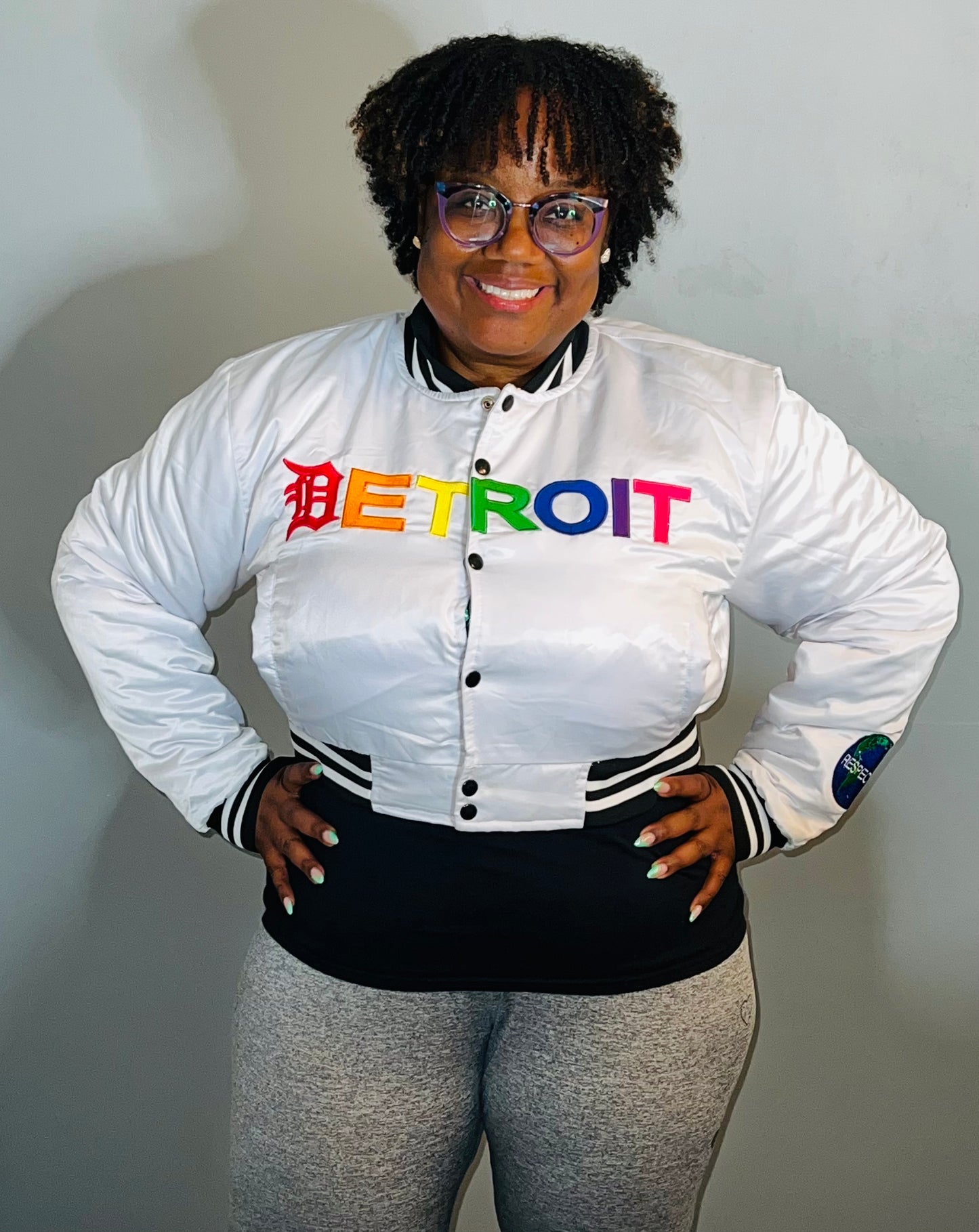 Detroit Mitten Crop Top Satin Varsity w/ Rainbow Letters (White)
