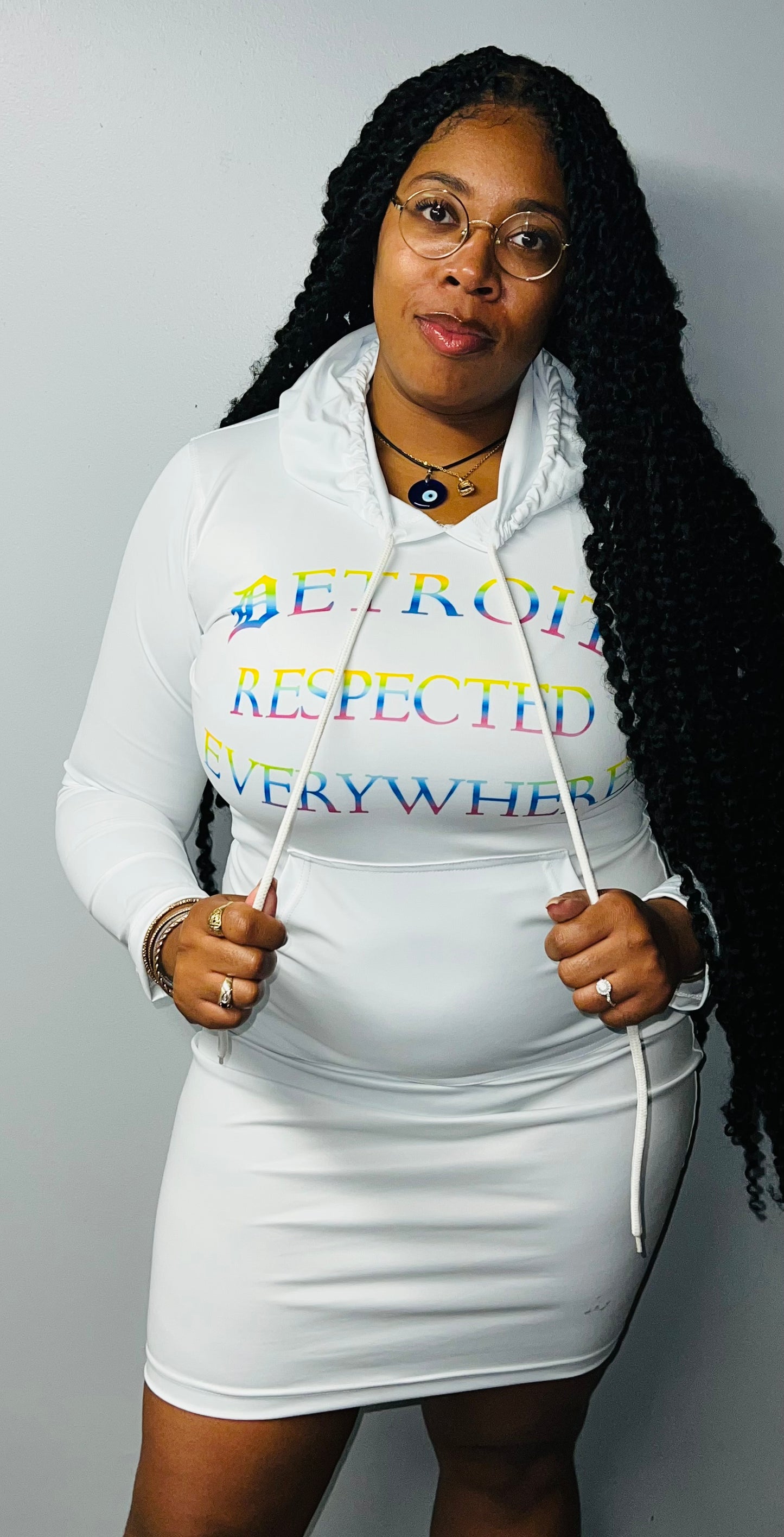 Fitted White w/ Rainbow Letters Hoodie Dress