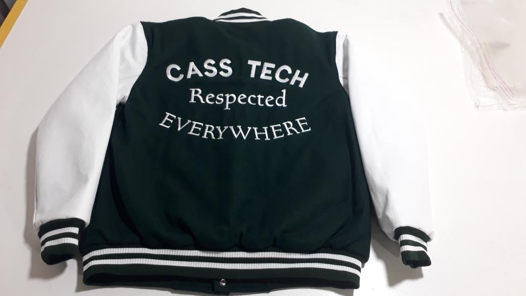 Detroit Cass Tech Half Moon Varsity Jacket Green  w/ White Leather Sleeves