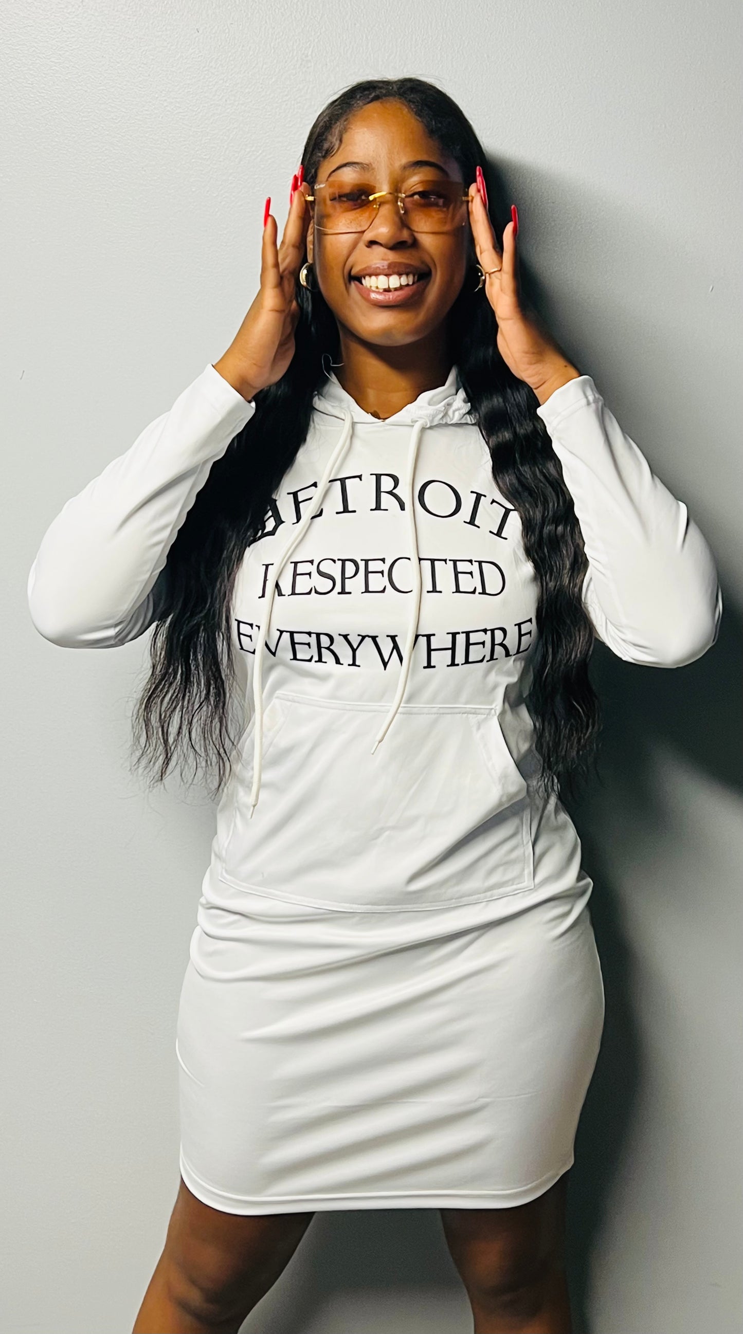 Fitted White w/ Black Letters Hoodie Dress