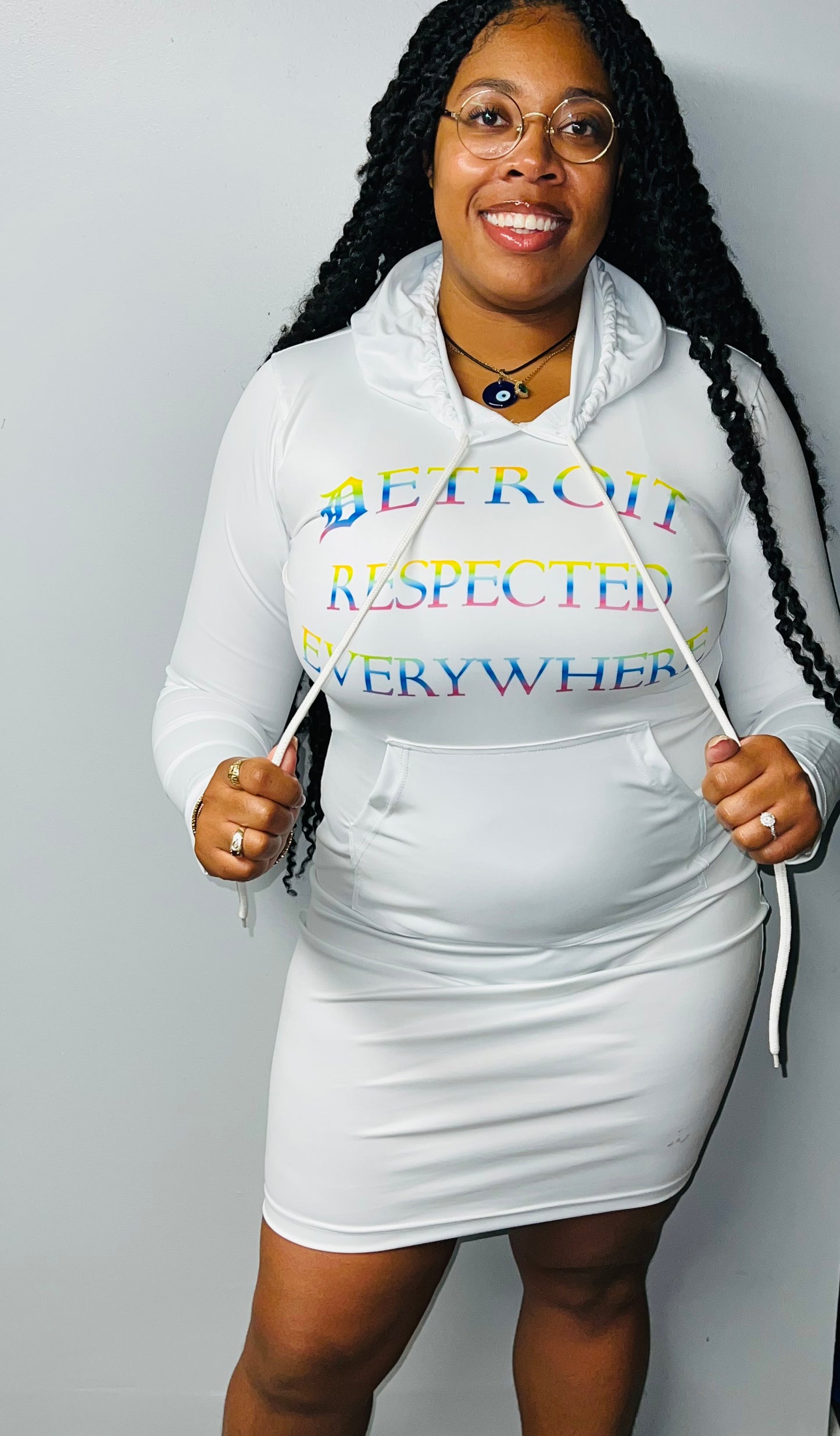 Fitted White w/ Rainbow Letters Hoodie Dress