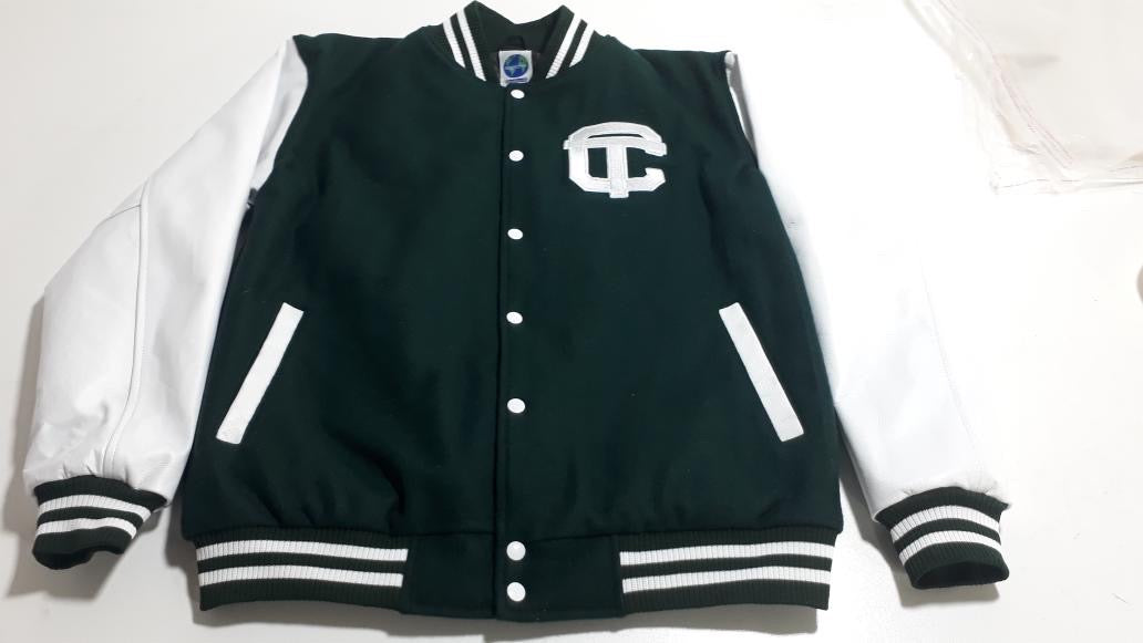 Detroit Cass Tech Half Moon Varsity Jacket Green  w/ White Leather Sleeves