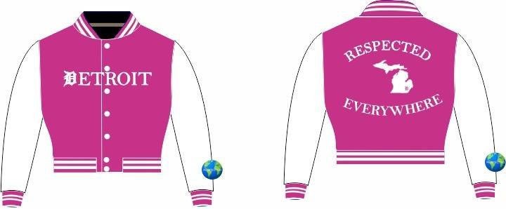 Detroit Mitten Crop Varsity Jacket Dark Pink w/ White Leather Sleeves
