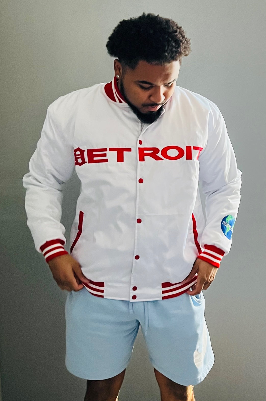 Detroit Mitten Satin Jacket White w/ Red Letters