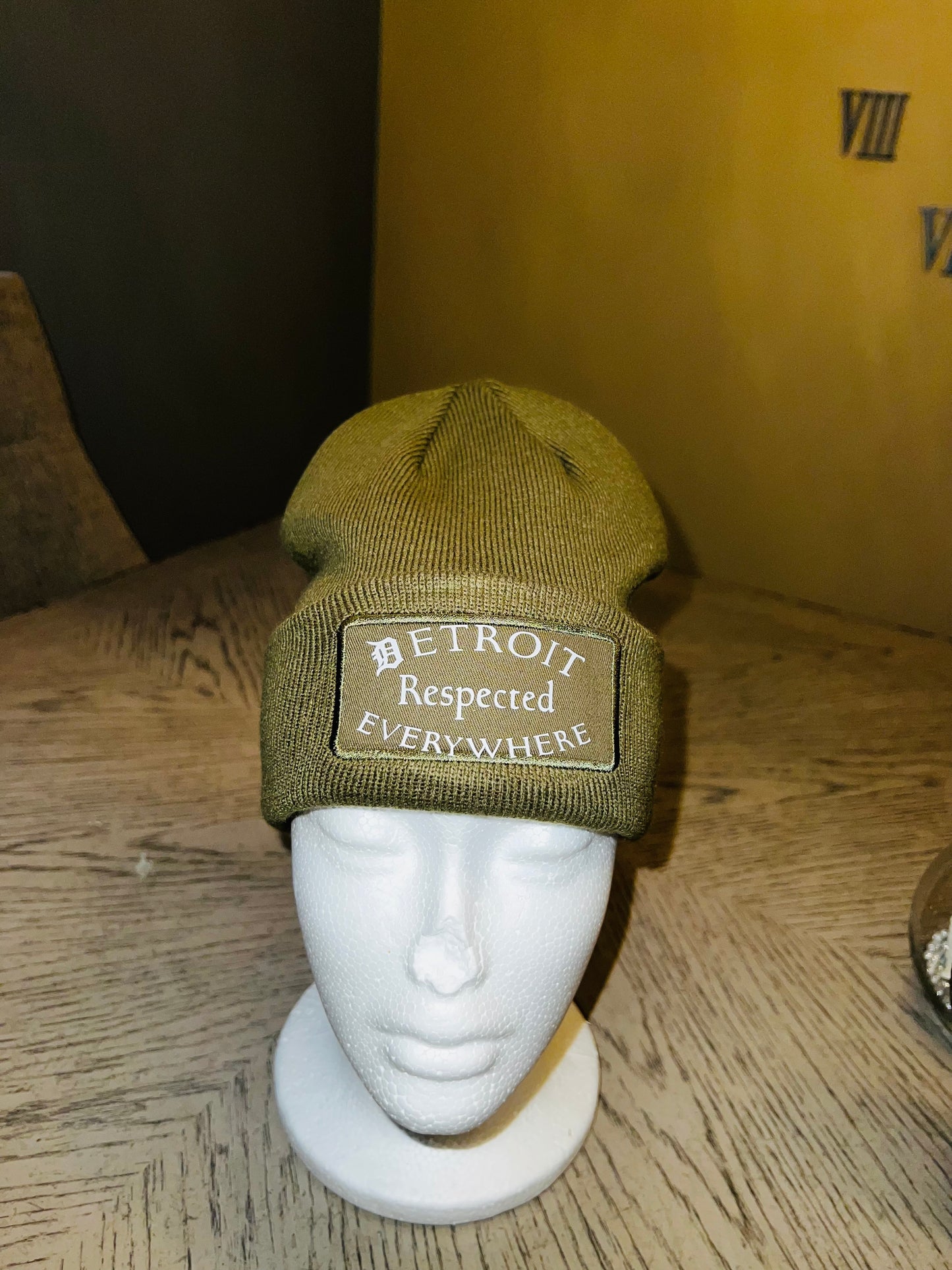 Olive Half Moon w/ White Letters Skully