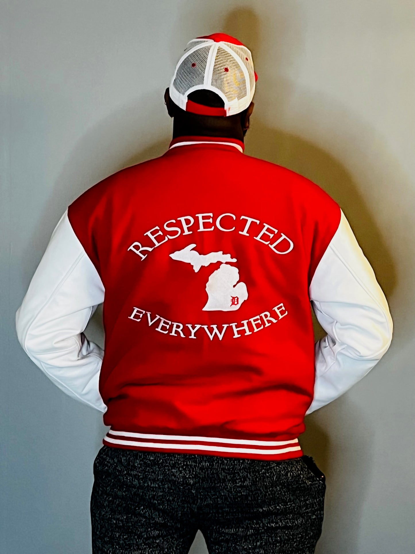 Mitten Varsity Jacket Red with White Leather Sleeves