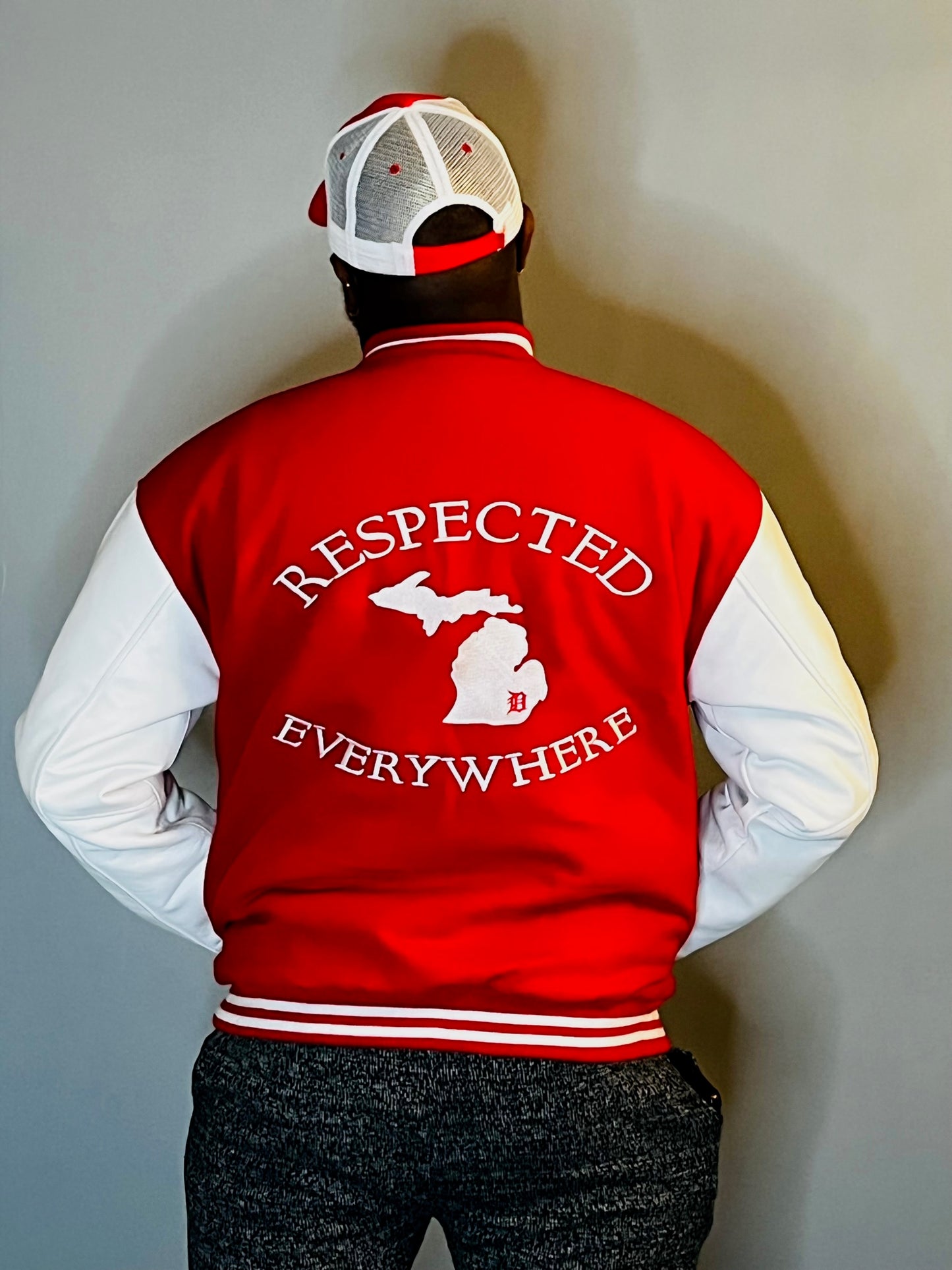 Mitten Varsity Jacket Red with White Leather Sleeves