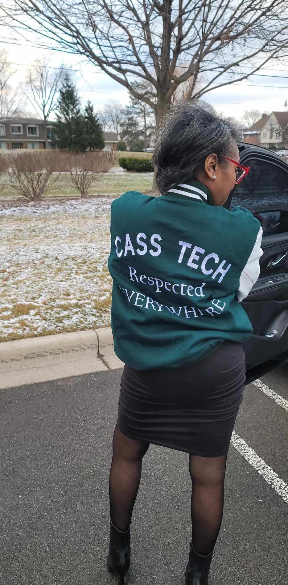 Detroit Cass Tech Half Moon Varsity Jacket Green  w/ White Leather Sleeves