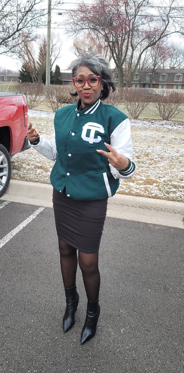 Detroit Cass Tech Half Moon Varsity Jacket Green  w/ White Leather Sleeves