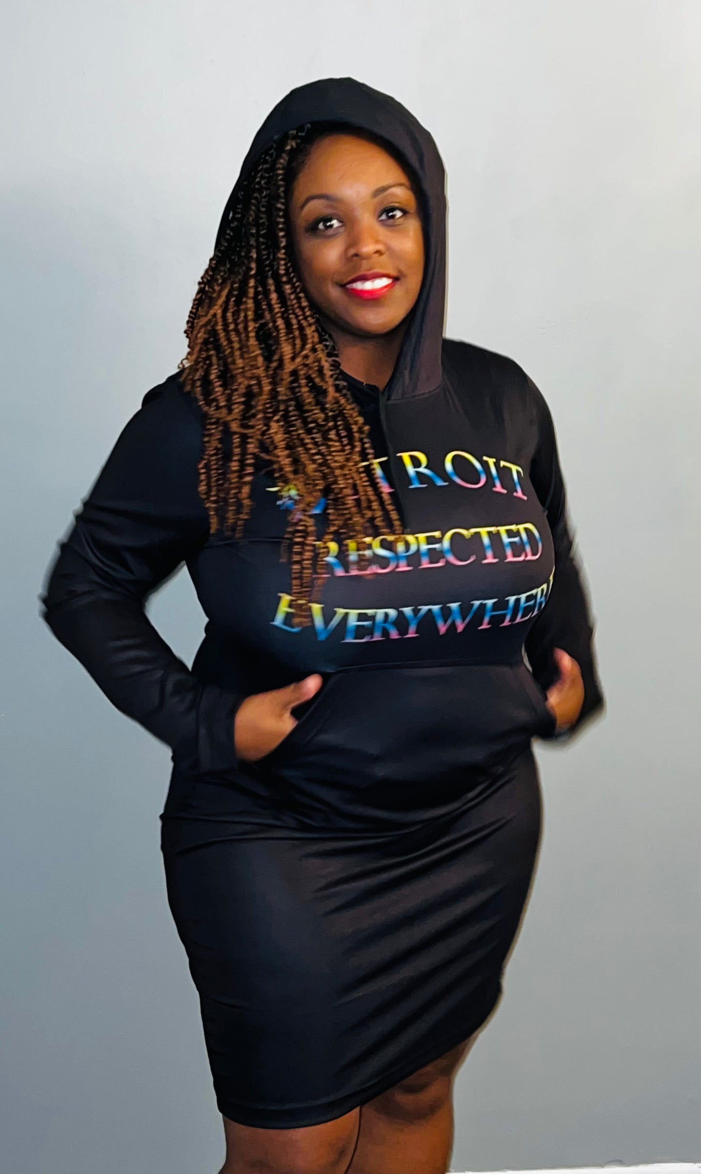 Black Fitted Hoodie Dress w/ Rainbow letters