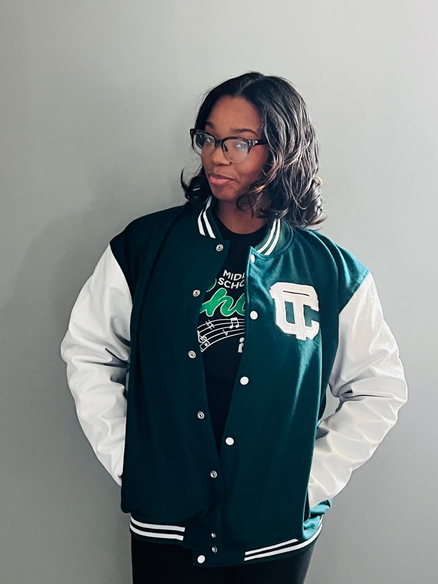 Detroit Cass Tech Half Moon Varsity Jacket Green  w/ White Leather Sleeves